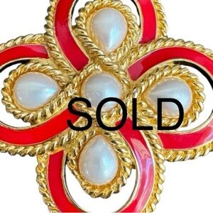 SOLD Trifari Red Enamel & Pearl Brooch Gold Tone Pin Pendant Vintage Signed
